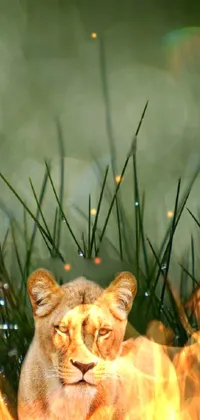 This striking live wallpaper for your phone features a stunning photograph of a lion standing proudly on a lush green field enveloped in droplets of water