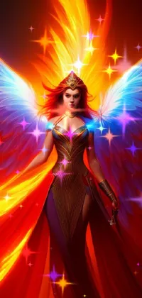 This live wallpaper features a stunning woman dressed as an angel, holding a glowing sword against a background of a dark phoenix
