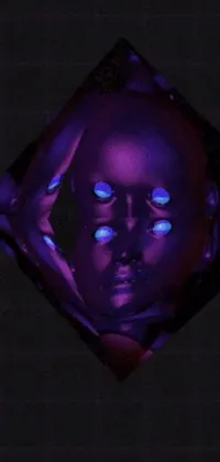 This phone live wallpaper features an intriguing close-up of a face with glowing eyes, a hologram, and a liquid purple metal