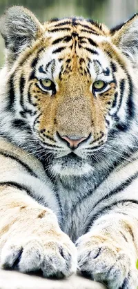 This phone live wallpaper features a magnificent tiger resting on a rock, with intricate details and rich colors that bring it to life