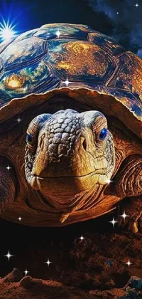 This surrealistic live phone wallpaper displays a turtle sitting in the dirt, with a mix of several animal elements that create a unique and captivating effect
