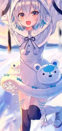 This phone live wallpaper showcases a cute, furry-style anthropomorphic girl standing in the snow, depicted in full color