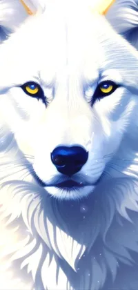 This dynamic phone live wallpaper depicts a close-up view of a majestic white wolf with yellow eyes