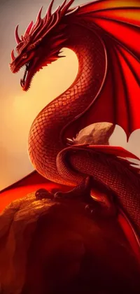 Transform your phone into a fierce and striking scene of a powerful red dragon perched on a rocky outcrop with this beautiful live wallpaper