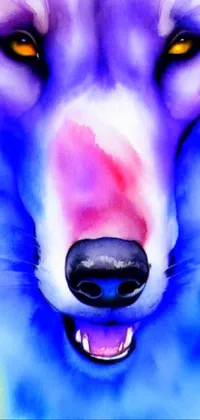 This captivating live phone wallpaper features a stunning watercolor painting of a wolf's face in vibrant shades of blue and violet