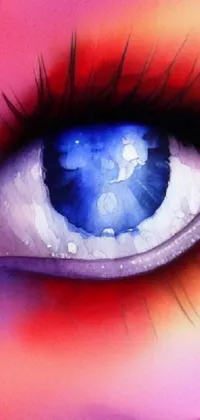 This mobile live wallpaper is a stunning digital art piece featuring a close-up of a blue eye with purple and red hues