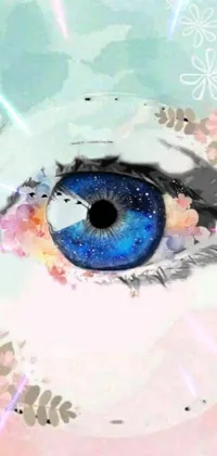 This phone live wallpaper features a stunning close-up of a person's eye with beautiful flowers in pink and blue colors