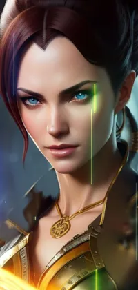 This stunning phone live wallpaper features a steampunk character portrait of a woman in armor holding a glowing sword