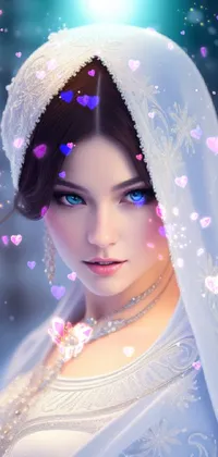 This fantasy art live wallpaper for phones features a stunning digital painting of an elegant woman wearing a white veil