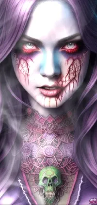 This phone live wallpaper depicts a Gothic-themed digital art of a woman with purple hair and bloodstains on her face