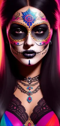 This phone live wallpaper showcases a mesmerizing depiction of a Mexican woman with sugar skull make-up, making it an ideal choice for Halloween lovers