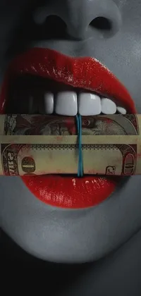 This phone live wallpaper showcases a close-up scene of a mysterious woman holding a roll of money in her mouth, providing a seductive aesthetic with her vibrant red lips