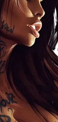 This dynamic phone live wallpaper features a captivating anime-style portrayal of a tattooed woman with intricate designs on her chest