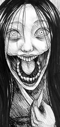 This live wallpaper features a creepy black and white manga drawing of a woman with long hair and a creepy grin