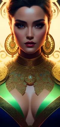This stunning live phone wallpaper depicts a beautiful digital painting of a woman in a costume, donning a tang dynasty-inspired outfit in vibrant hues of gold, purple, and green