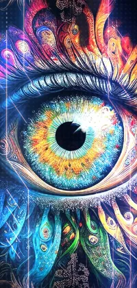 This live wallpaper features a detailed drawing of a colorful eye on a black background