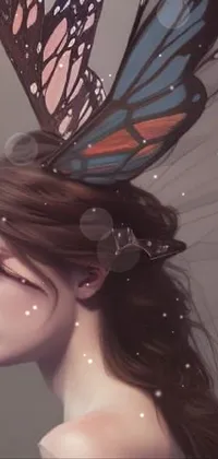 This live wallpaper features a colorful woman with butterfly wings on her head, long rabbit ears, and a realistic art style drawing inspiration from fantasy artwork
