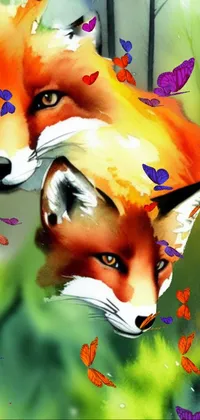 This vibrant phone live wallpaper features a beautiful mixed media style illustration of two foxes in the woods