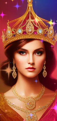 This phone live wallpaper features a digital painting of a woman wearing a crown with an innocent look