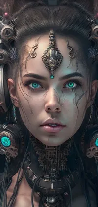 This live wallpaper for your phone showcases a close-up of a futuristic woman wearing headphones