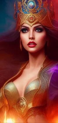 This phone live wallpaper showcases a vibrant and fantasy-style digital portrait of a woman with a crown, evoking the warrior spirit of ancient Persia