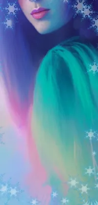 This phone live wallpaper displays a close-up of a person's long hair, adorned with ice crystals and featuring a festive color scheme