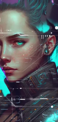This phone live wallpaper features a stunning close-up of a person with neon hair, exhibiting a distinct cyberpunk style artwork