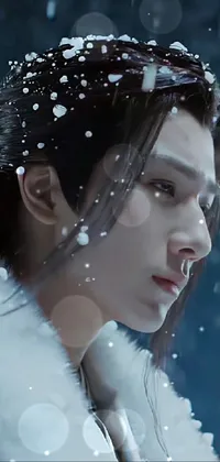 This live wallpaper features a serene winter landscape with falling snow around a woman wearing a white coat and red scarf