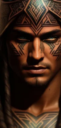 This stunning live wallpaper is a beautiful and detailed portrait of a man with impressive facial tattoos