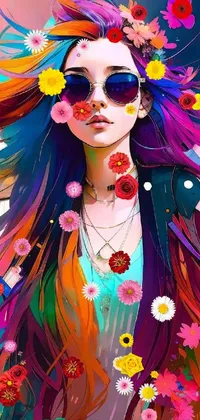This phone live wallpaper showcases a digital painting of a girl with colorful hair and sunglasses