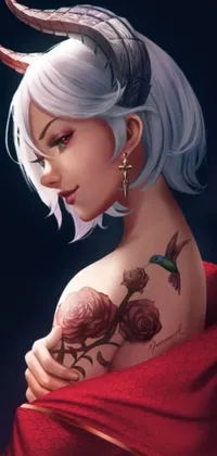 This live wallpaper showcases a stunning portrait of a fierce woman with white hair and horns on her shoulders