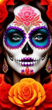 This colorful and highly detailed live wallpaper features a stunning woman with Day of the Dead makeup and surrounded by roses
