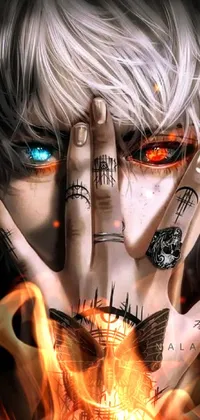This live phone wallpaper showcases an up-close view of a person's hands with ornamental tattoos and an Android Jones poster as the background