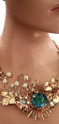 This stunning phone live wallpaper depicts a close-up of a mannequin wearing an elegant gold choker with intricate floral patterns