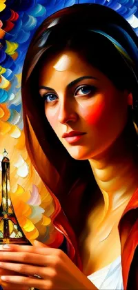 This live wallpaper features a stunning airbrushed portrait of a woman holding a small Eiffel Tower, set against a vividly colorful illustration