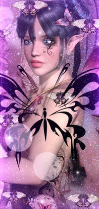 This stunning live wallpaper features a captivating 3D render of a fairy - a beautiful pink alien girl with flowers adorning her hair and a butterfly on her shoulder