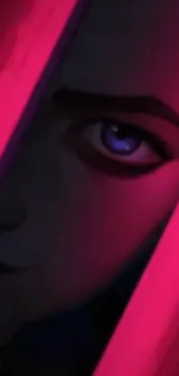 This live phone wallpaper features digital artwork with blue eyes, inspired by neo-fauvism, a Sith Lord version of Pinkie Pie looking through a portal, with fuchsia skin below the armor