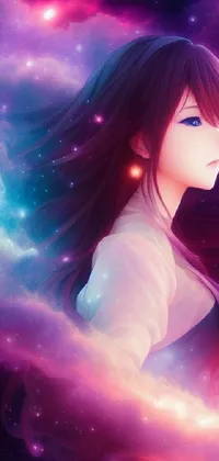 Looking for a stunning live wallpaper for your phone? Check out this beautiful design featuring a long-haired anime girl gazing up at a star-filled sky