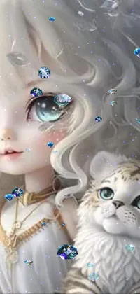 This captivating phone live wallpaper portrays a girl and her feline companion