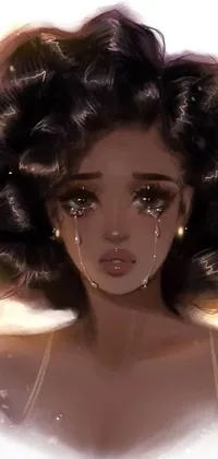 This live wallpaper depicts a brown-skinned manga girl with curly hair shedding a tear