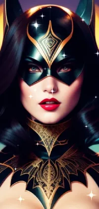 This artistic phone live wallpaper exhibits a close-up of a woman donning a feline mask
