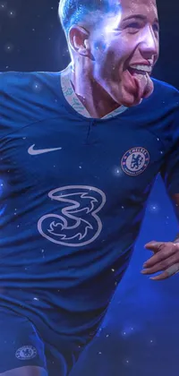 This phone live wallpaper showcases a man wearing a blue uniform, joyfully kicking a soccer ball