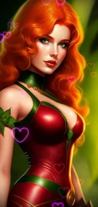 This phone live wallpaper showcases a bold and vibrant image of a woman donning a red and green costume