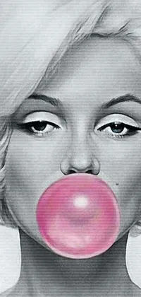 This phone live wallpaper showcases a stunning pop art painting of a woman blowing a pink bubble