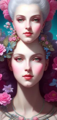 This phone live wallpaper showcases a stunning digital art painting featuring two women with flowers in their hair