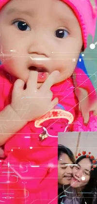 This lively phone live wallpaper showcases an adorable close-up of a baby wearing a pink hat set against a sweet and playful backdrop in a toyism style