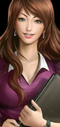A vibrant live wallpaper showing a South Korean woman in a purple shirt holding a book