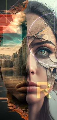 This stunning live wallpaper showcases a half-human, half-robot composition of a woman's face against a breathtaking cityscape