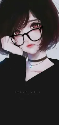 This stylish live wallpaper features an anime-inspired drawing of a black-dressed girl with glasses and short hair