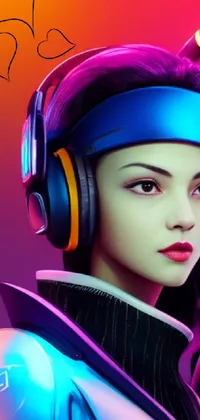 This phone live wallpaper features a cyberpunk-inspired close-up of a person wearing headphones, with vibrant airbrush fantasy art from the 80s in the background